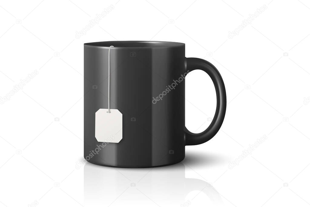 Vector 3D Realistic Black Ceramic Mug, Tea Cup with Blank Tag, Tea Bag Label Isolated, Blank Promotional Cup for Branding, Custom Print, Corporate Gift, Advertising, Merchandise, Logo Template, Mockup.