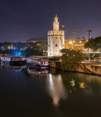 Altın Kule Torre del Oro 7 Aralık 2022 'de Sevilla, Endülüs, İspanya' da Guadalquivir nehri boyunca gece boyunca gözetleme kulesi