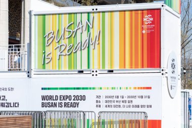 Busan Dünya Fuarı 2030 adaylık standı 2 Nisan 2023 tarihinde Seul şehir merkezinde.