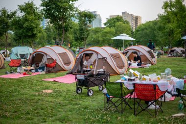 24 Haziran 2023 'te Güney Kore, Seul' deki Han nehri üzerindeki Yeouido Parkı 'nda piknik yapan insanlar