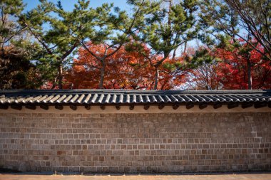 Seul Güney Kore 'de, Joseon hanedanlığının Deoksugung Kore kraliyet sarayının dış duvarı.