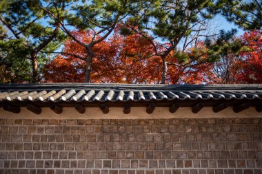 Seul Güney Kore 'de, Joseon hanedanlığının Deoksugung Kore kraliyet sarayının dış duvarı.