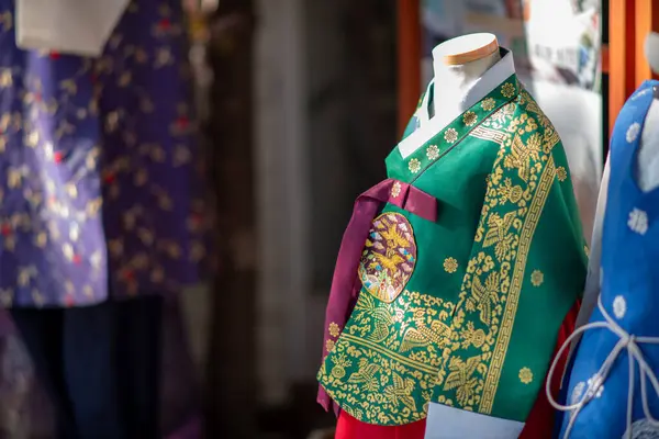 Stock image Traditional Korean Hanbok dresses displayed for rent to tourists visiting Seoul capital of South Korea