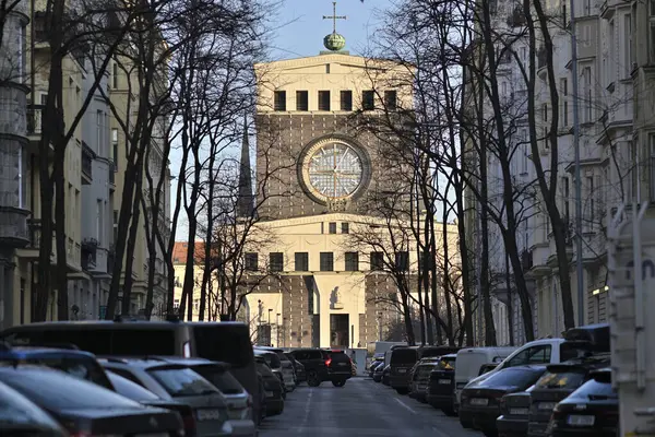 stock image Church of the Most Sacred Heart of Our Lord, Roman Catholic church at Jiriho z Podebrad Square in Vinohrady district of Prague, capital of Czech Republic on 9 January 2024