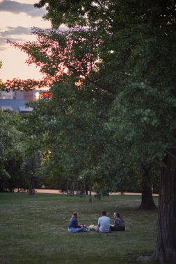 Gençler piknik yapıyor ve 22 Temmuz 2024 'te Çek Cumhuriyeti' nin başkenti Prag 'ın Vinohrady ilçesindeki Riegrovy Sady parkında Prag şehir manzarasının tadını çıkarıyor.