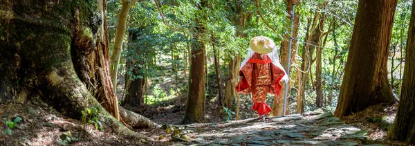 stock image Japanese woman wearing traditional Heian Period costume at the Kumano Kodo Pilgrimage Route, UNESCO World Heritage site in Wakayama prefecture of Japan on 16 February 2024