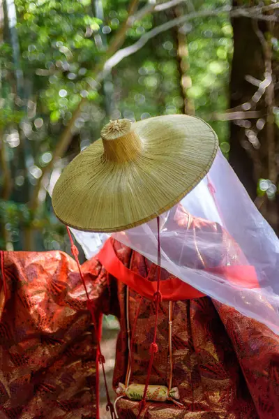 stock image Japanese woman wearing traditional Heian Period costume at the Kumano Kodo Pilgrimage Route, UNESCO World Heritage site in Wakayama prefecture of Japan on 16 February 2024