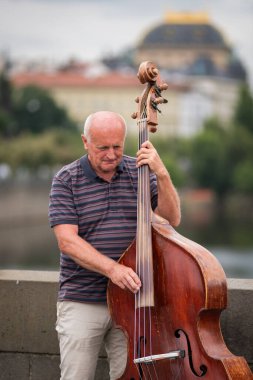 Çek Cumhuriyeti 'nin başkenti Prag' daki Charles Köprüsü 'nde 3 Temmuz 2024' te kaçak müzik çalan sokak müzisyeni.