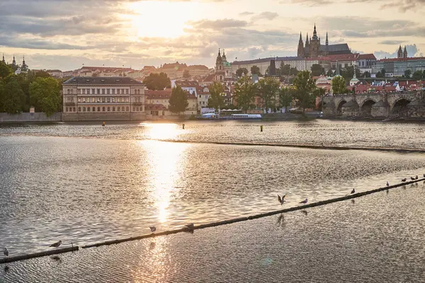 Çek Cumhuriyeti 'nin başkenti Prag' daki Prag kalesi, Vltava nehri ve Mala strana ilçesinin 24 Temmuz 2024 tarihli renkli gün batımı manzarası