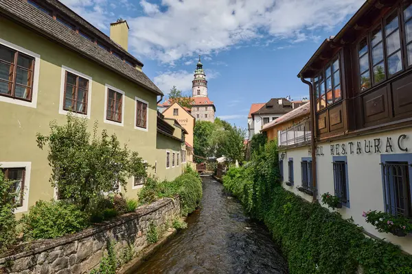 stock image Cityscape of historic centre of Cesky Krumlov, popular tourist destination in south Bohemia region of Czech Republic on 28 July 2024