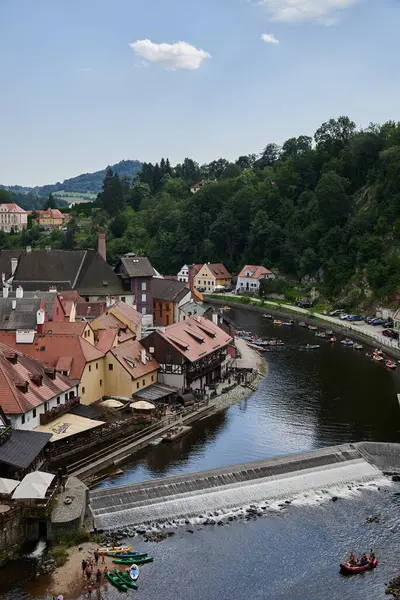 stock image Cityscape of historic centre of Cesky Krumlov, popular tourist destination in south Bohemia region of Czech Republic on 28 July 2024