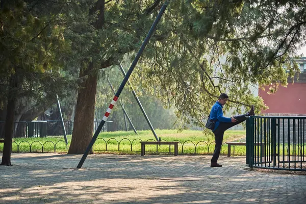 stock image Elderly man practicing tai chi in a park, in Beijing, capital of China on 21 April 2024