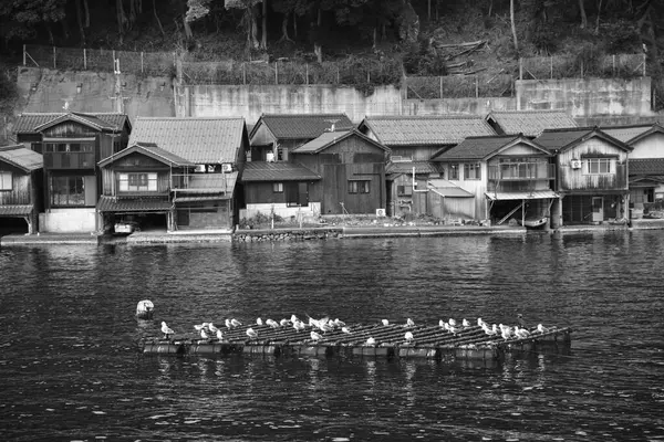 stock image Black and white image of traditional wooden fishermen Funaya boathouses in Ine, north Kyoto prefecture on the Sea of Japan on 17 February 2024