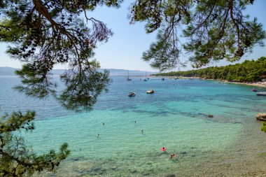 Hırvatistan 'ın Dalmaçya bölgesinde Adriyatik Denizi' nin Brac adasının güney kıyısındaki Bol kasabasındaki Zlatni faresi (Golden Horn) plajı, 24 Ağustos 2024