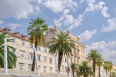 Hırvatistan 'ın Split, Dalmaçya bölgesinin başlıca turistik beldelerinden biri olan Adriyatik Denizi kıyısındaki Riva rıhtımı 29 Ağustos 2024' te