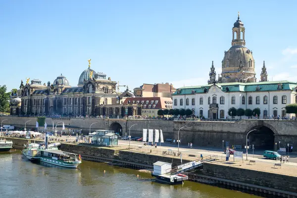 stock image Huge dome of Frauenkirche Lutheran Church of Our Lady dominating the skyline of Dresden, above Bruhl's Terrace and Elbe river in Dresden, Free state of Saxony, Germany on 8 September 2024