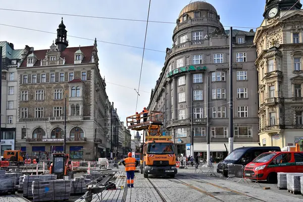 stock image Tram tracks reconstruction works on streets around Wenceslas Square in Prague, capital of Czech Republic on 17 September 2024