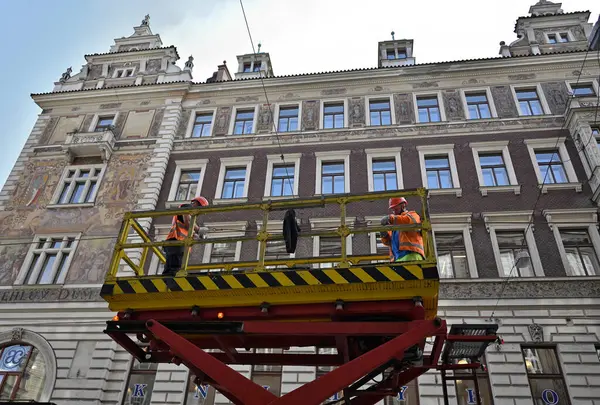 stock image Tram tracks reconstruction works on streets around Wenceslas Square in Prague, capital of Czech Republic on 17 September 2024