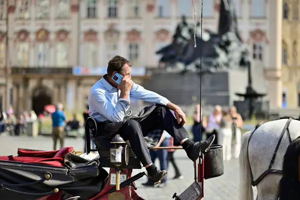 stock image Horse drawn carriage, popular form of sightseeing for tourists visiting Old town of Prague, capital of Czech Republic on 19 September 2024