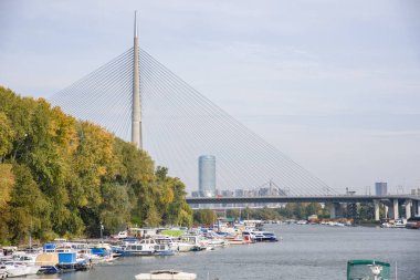 24 Ekim 2024 'te Sırbistan' ın başkenti Belgrad 'daki Sava nehri üzerinde kablo destekli bir köprü olan Ada Köprüsü ile Ada Ciganlija' da tekne marinası