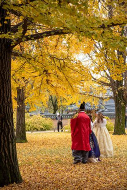 4 Kasım 2023 'te Güney Kore' nin Seul kentinde, sonbaharda Joseon hanedanlığının Gyeongbokgung kraliyet sarayında geleneksel Kore halk kostümleri ve Hanbok giysileri giyen turistler görülüyor.