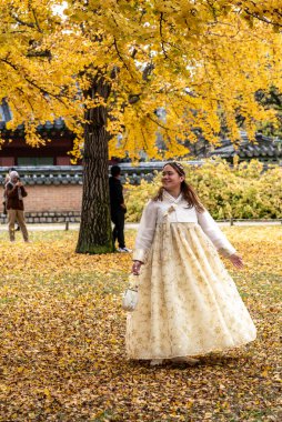 4 Kasım 2023 'te Güney Kore' nin Seul kentinde, sonbaharda Joseon hanedanlığının Gyeongbokgung kraliyet sarayında geleneksel Kore halk kostümleri ve Hanbok giysileri giyen turistler görülüyor.