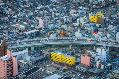 Downtown cityscape of Osaka, aerial view from Abeno Harukas skyscraper in Osaka, Japan on 28 December 2017 clipart