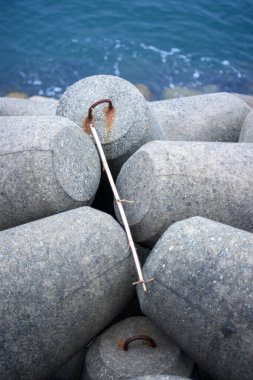 Protective concrete tetrapod blocks in the Osaka Bay, protecting the shoreline from high waves and tsunamis in Osaka, Japan clipart