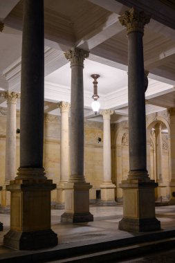 Karlovy Vary, Carlsbad 'daki Stone Mill Colonnade, Çek Cumhuriyeti' nin batısındaki Bohemya bölgesinde 3 Mart 2024 'te termal yaylı eski tarihi spa kasabası.