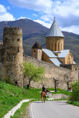 19 Nisan 2025 'te Gürcistan' ın Dusheti Belediyesi 'nde Aragvi Nehri üzerinde, Tanrı' nın Annesi Kilisesi 'nin bulunduğu Ananuri Kalesi kompleksi