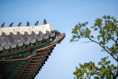 Güney Kore, Seul 'deki Joseon hanedanının Changdeokgung Kraliyet Sarayı' ndaki çatı süslemeleri.
