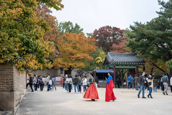 Turistler 23 Ekim 2022 tarihinde Güney Kore 'nin başkenti Seul' deki Joseon hanedanlığının Changdeokgung kraliyet sarayını ziyaret ettiler.