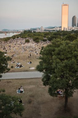 28 Mayıs 2022 'de Güney Kore' nin başkenti Seul 'de Han Nehri' ndeki Yeouido Parkı 'nda piknik yapan insanlar görülüyor.