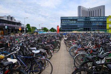 19 Temmuz 2025 'te Hollanda' nın başkenti Amsterdam sokaklarına park edilmiş popüler ulaşım aracı bisikletler.