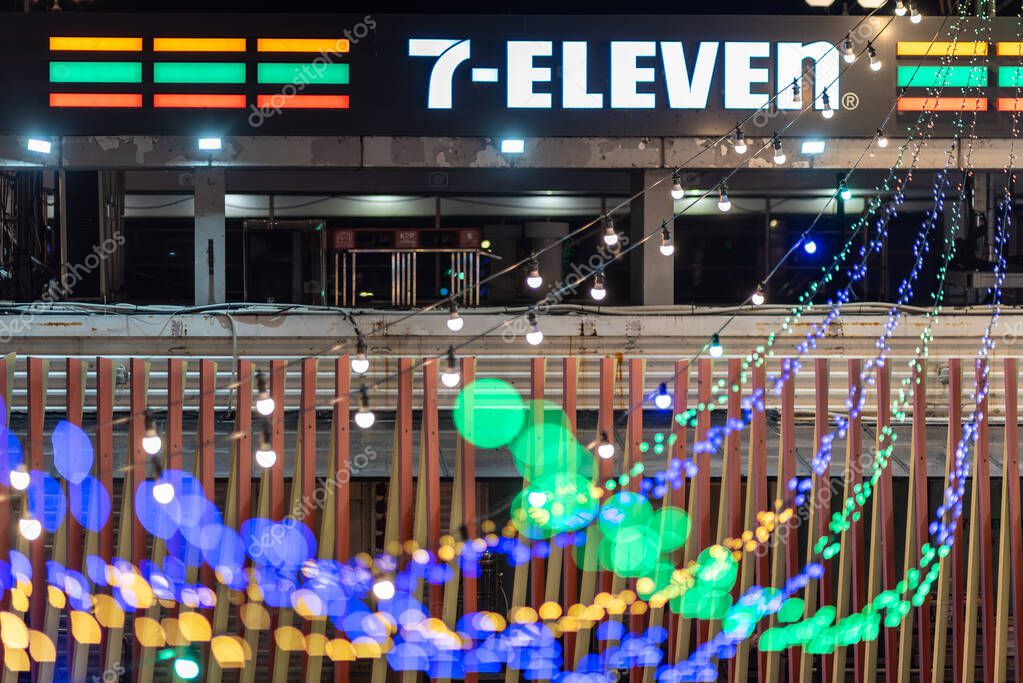 Night view of a 7-Eleven store with colorful string lights in Hangang river park in Seoul, South Korea on 11 October 2023