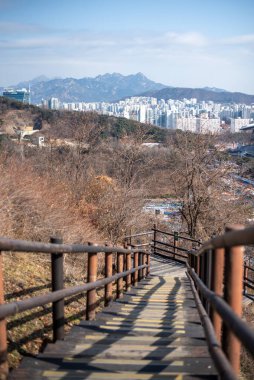 28 Ocak 2023 'te Güney Kore' nin Seul şehrinin arka planında şehir manzarası ve dağlarla yokuş aşağı giden tahta yürüyüş yolu.