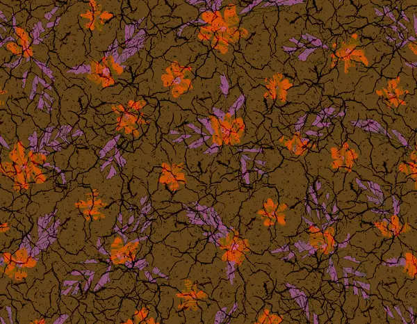 Arka plan dilsiz bir zeytin-kahverengidir. Ön planda küçük biçimlendirilmiş çiçek elementlerinden oluşan tekrarlanan bir desen var. Bu çiçekler öncelikle yanmış turuncu ve koyu mor tonlardadır, arkaplana saçılmıştır.. 