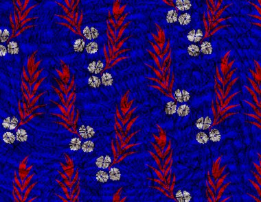 Koyu mavi arka planda stilize kırmızı ve beyaz çiçekleri içeren tekrarlanan bir desen. Tasarım kumaş baskıları, duvar kağıdı ve diğer yüzey tasarımları için uygundur..  