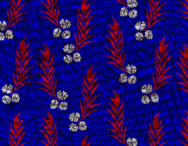 Koyu mavi arka planda stilize kırmızı ve beyaz çiçekleri içeren tekrarlanan bir desen. Tasarım kumaş baskıları, duvar kağıdı ve diğer yüzey tasarımları için uygundur..  