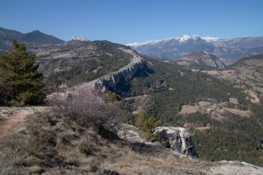 Katalonya 'da Cingles de Vallcebre denilen yerdeki dağları ve ormanı gösteren manzara.