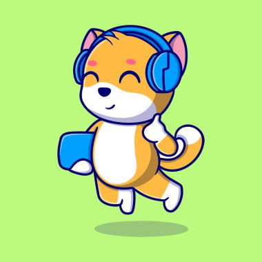 Cute puppy holding a skateboard and hearing music clipart