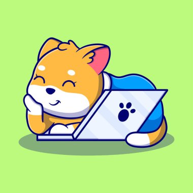 Dizüstü bilgisayar karikatürü çizimi olan sevimli kedi.