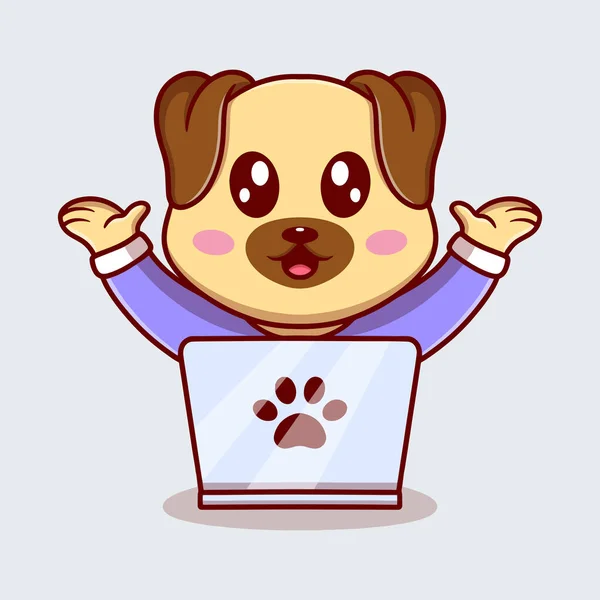 ラップトップの漫画のアイコンのイラストとかわいい子犬 — ストックベクタ