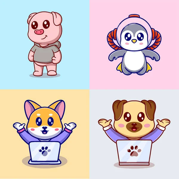 Different Types Vector Cartoon Animals Stickers Vector Illustration Funny Cartoons — Stock Vector
