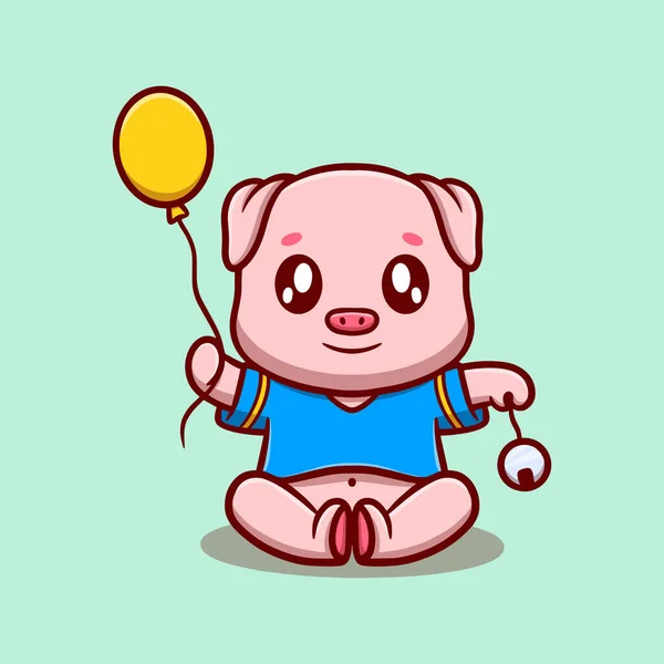 Cute Little Pig Holding Ballon Bell Cartoon Icon Illustration Funny — Stock Vector