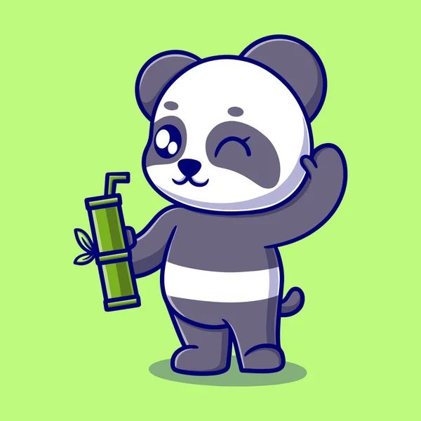 Grazioso Panda Holding Bambù Cartone Animato Icona Illustrazione — Vettoriale Stock