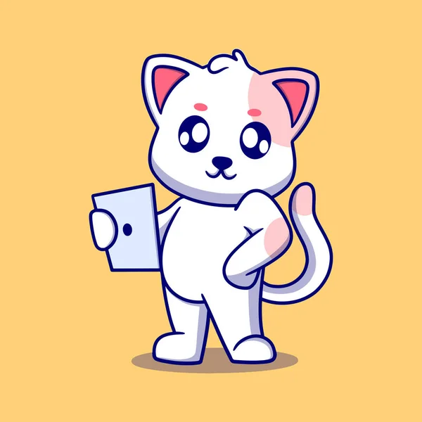Χαριτωμένο Γάτα Επιχείρηση Ipad Εικονογράφηση Εικονίδιο Κινουμένων Σχεδίων — Διανυσματικό Αρχείο