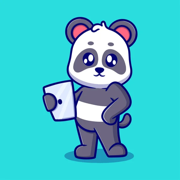 Panda Bonito Com Ipad Desenho Animado Ícone Ilustração — Vetor de Stock
