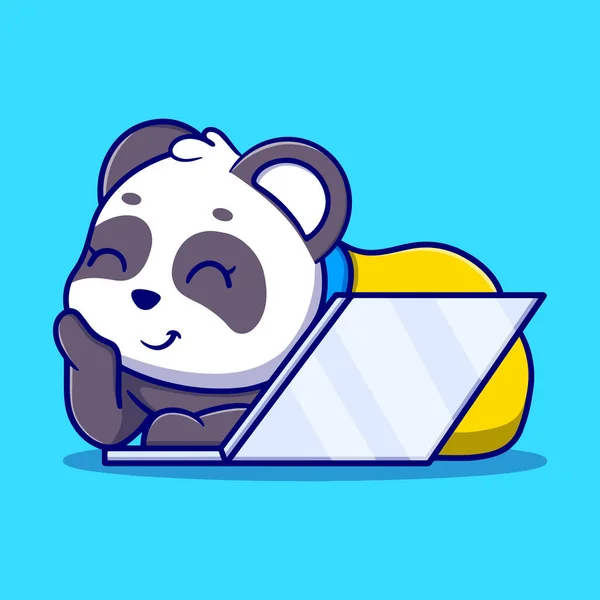 可爱的熊猫与笔记本电脑卡通图标插图 — 图库矢量图片