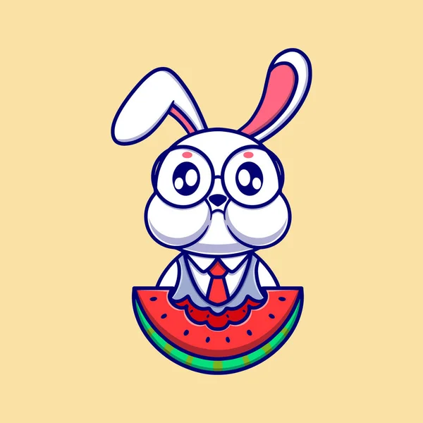 Niedlichen Hasen Fressenden Wassermelone Cartoon Vektor Symbol Illustration Animal Nature — Stockvektor